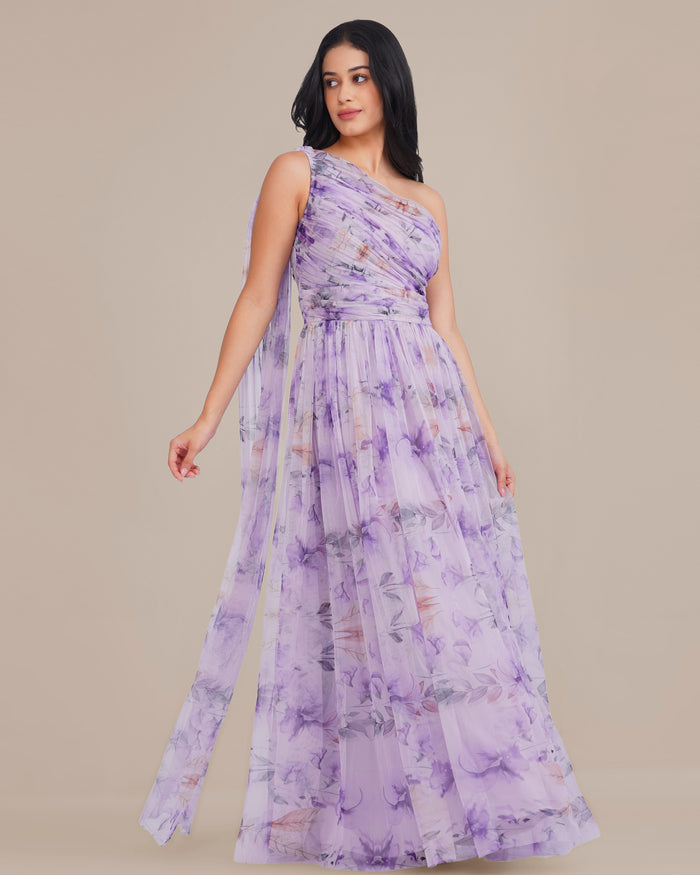 One Shoulder Tulle Maxi Dress in Lilac Floral with Scarf