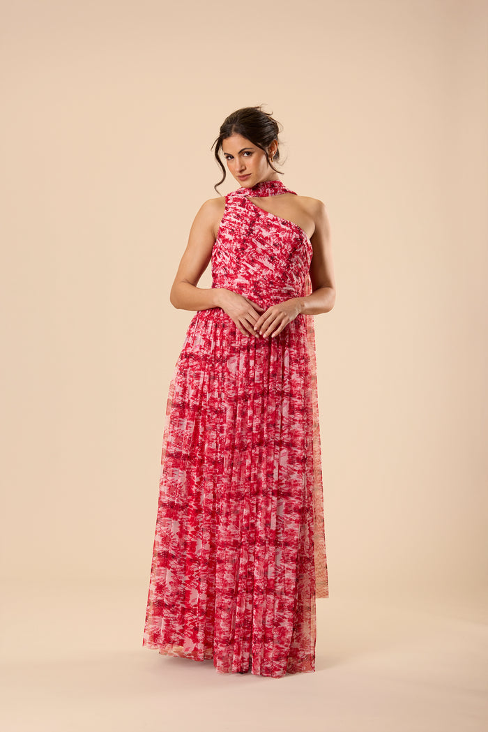One Shoulder Tulle Maxi Dress in Red Floral with Scarf
