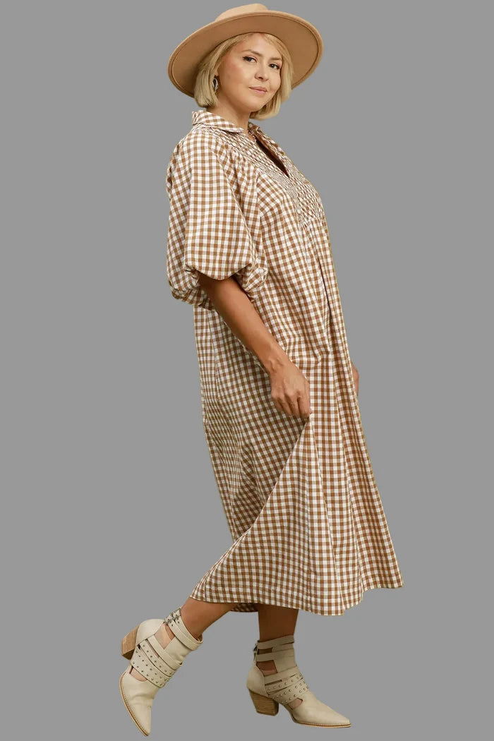 caramel gingham print midi dress