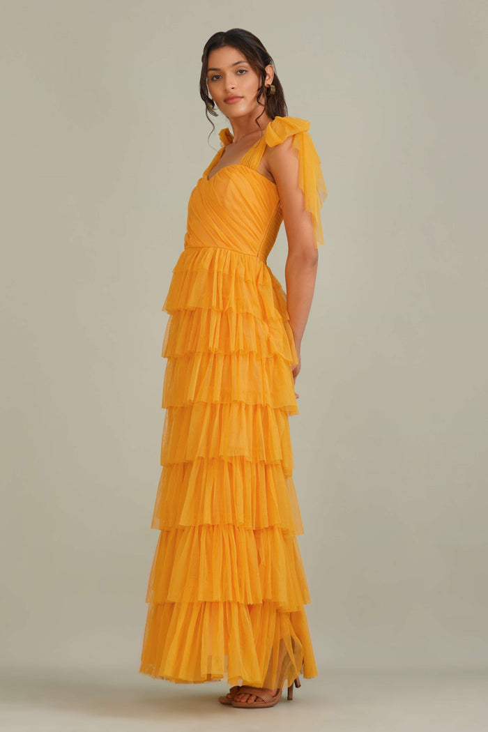 Ophelia tiered maxi dress butterscotch sunset yellow bow shoulder sweetheart neckline tulle mesh formal wedding bridesmaid