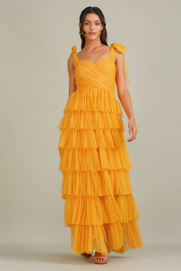 Ophelia Tulle Maxi Dress with Tie Detail in Butterscotch