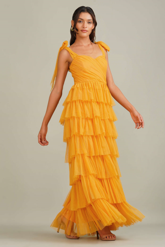 Ophelia Tulle Maxi Dress with Tie Detail in Butterscotch