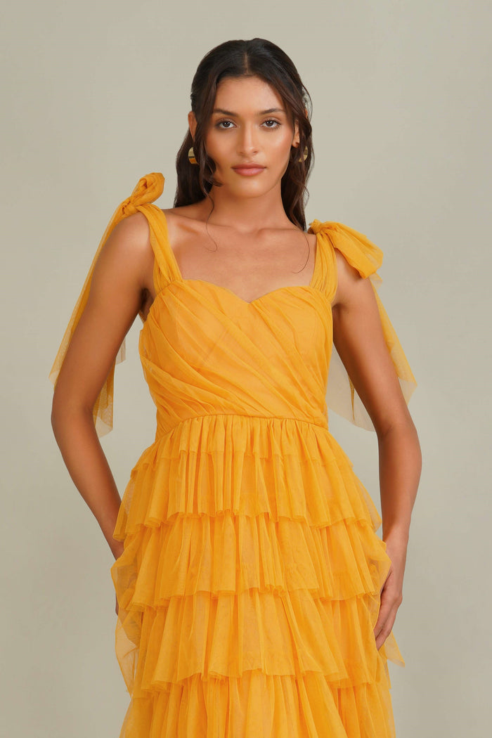 Ophelia Tulle Maxi Dress with Tie Detail in Butterscotch