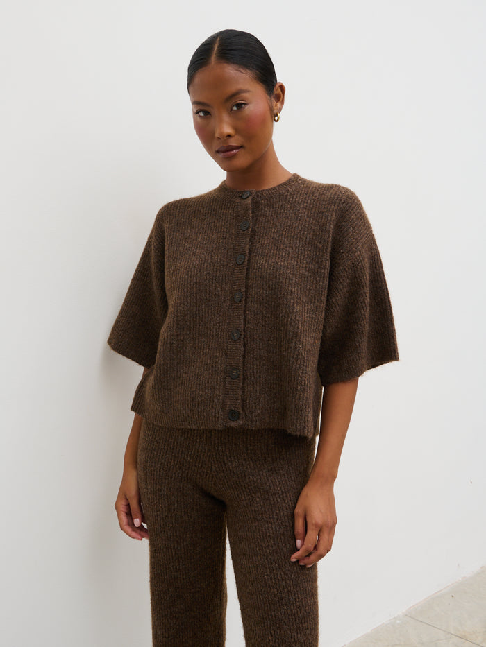 Elle Is 5'3" & Wears Size UK XS|Ovalie Rib Knit Top - Chocolate