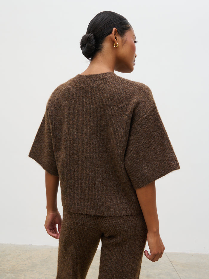 Elle Is 5'3" & Wears Size UK XS|Ovalie Rib Knit Top - Chocolate