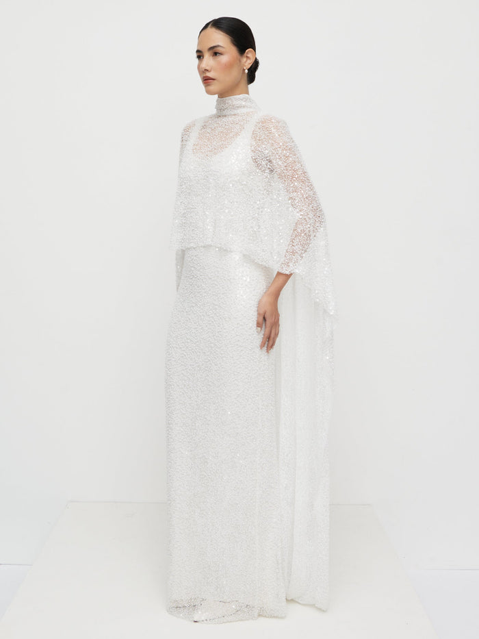 Veronica is 5'8" & Wears Size UK XS-S|Palma Embellished Cape - Ivory
