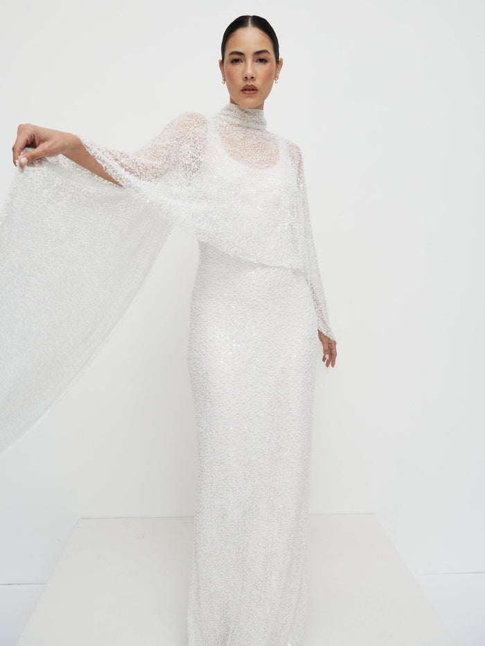 Veronica is 5'8" & Wears Size UK XS-S|Palma Embellished Cape - Ivory