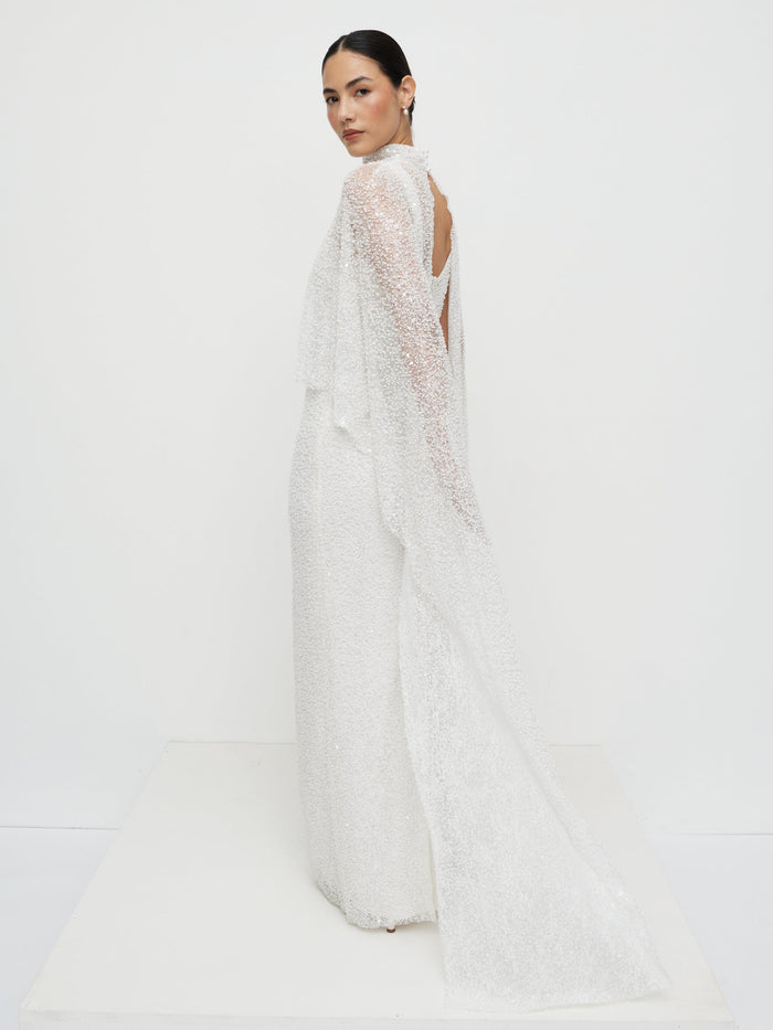 Veronica is 5'8" & Wears Size UK XS-S|Palma Embellished Cape - Ivory