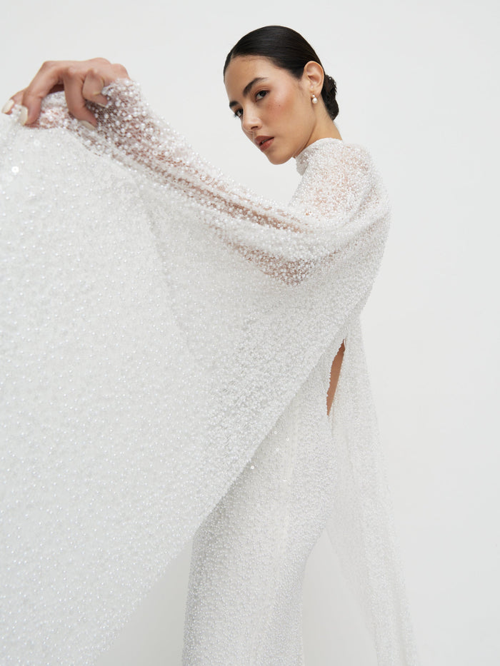 Veronica is 5'8" & Wears Size UK XS-S|Palma Embellished Cape - Ivory