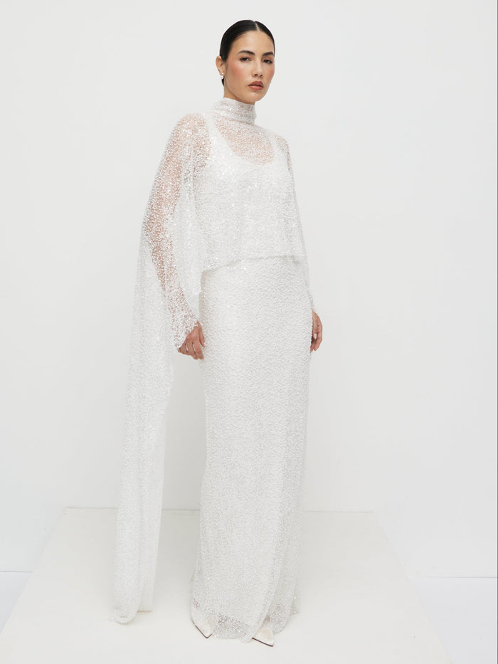 Veronica is 5'8" & Wears Size UK XS-S|Palma Embellished Cape - Ivory