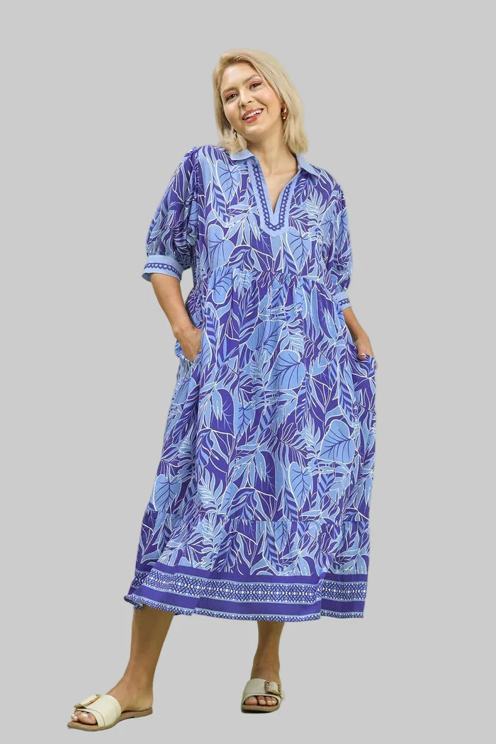 umgee blue palm tree print plus size dress