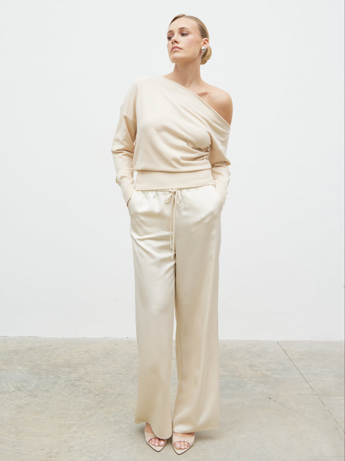 Harriet is 5'8" & Wears Size UK S|Paris Single Shoulder Knit Jumper - Beige
