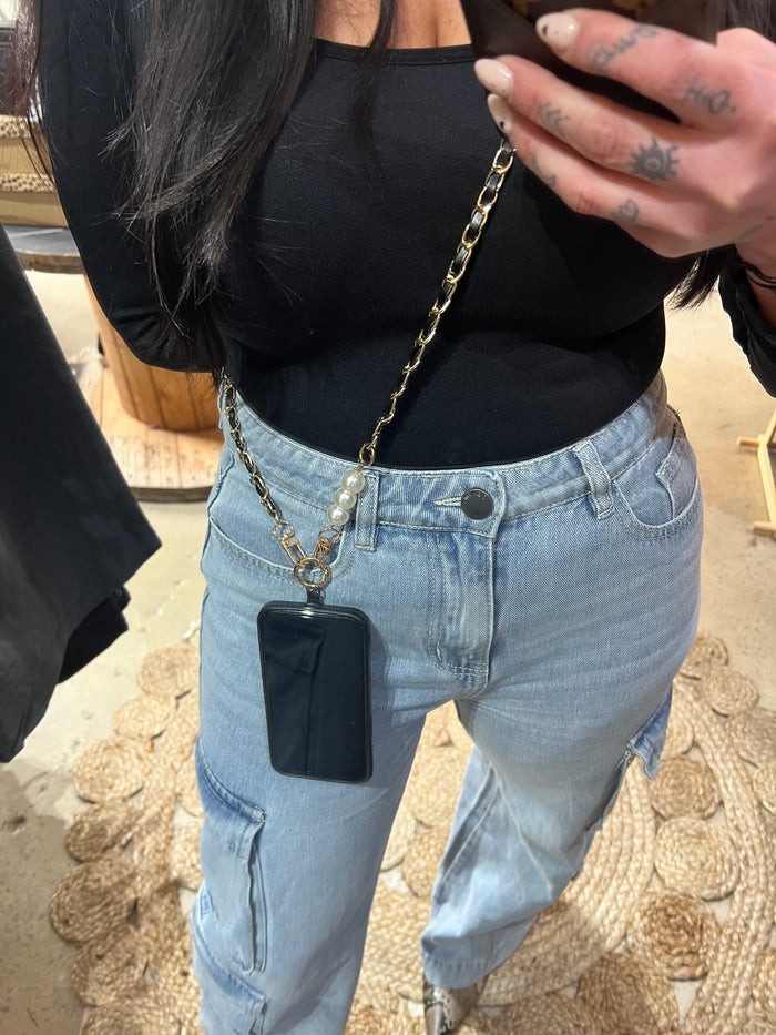 Pearl and Chain Phone Strap - Black