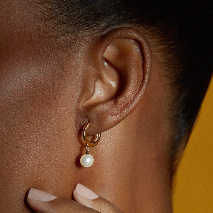 Pearl Drop Huggie Hoop Earrings - Gold
