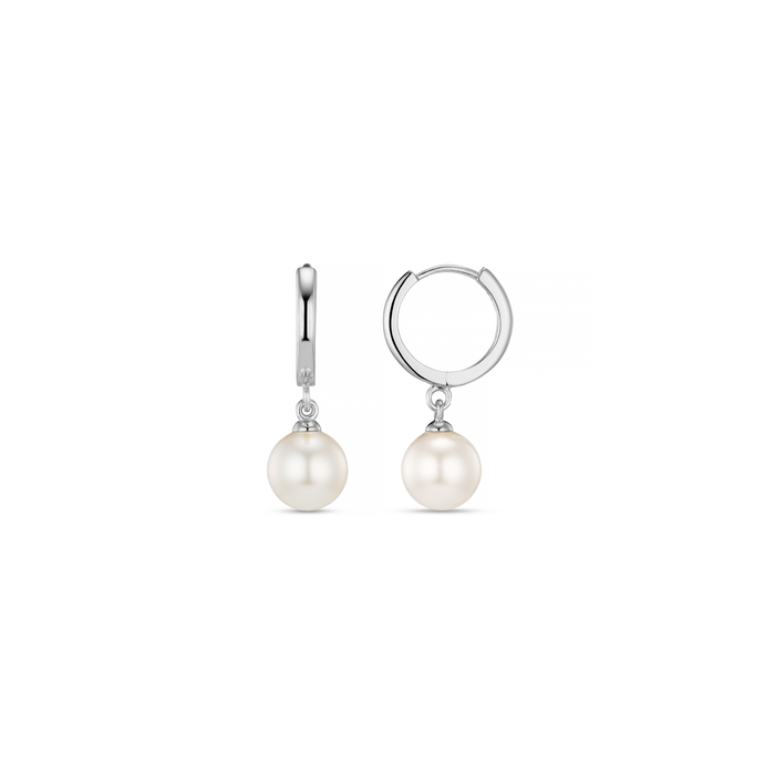 Pearl Drop Huggie Hoop Earrings - Silver