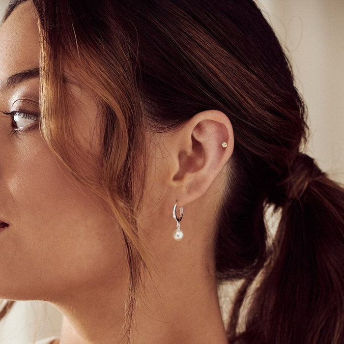 Pearl Drop Huggie Hoop Earrings - Silver