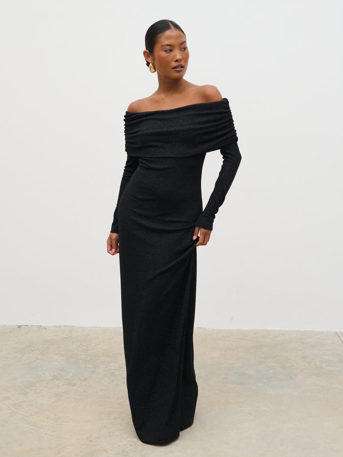 Elle Is 5'3" & Wears Size UK 6|Perrie Bardot Lurex Jersey Dress - Black