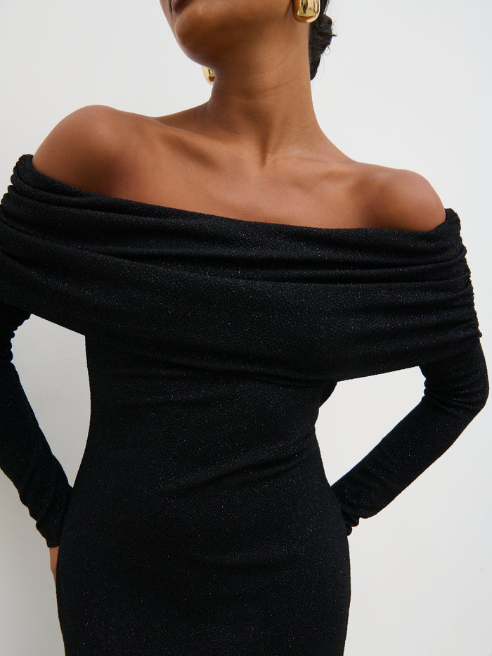 Elle Is 5'3" & Wears Size UK 6|Perrie Bardot Lurex Jersey Dress - Black