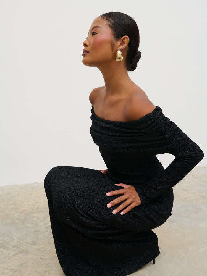 Elle Is 5'3" & Wears Size UK 6|Perrie Bardot Lurex Jersey Dress - Black