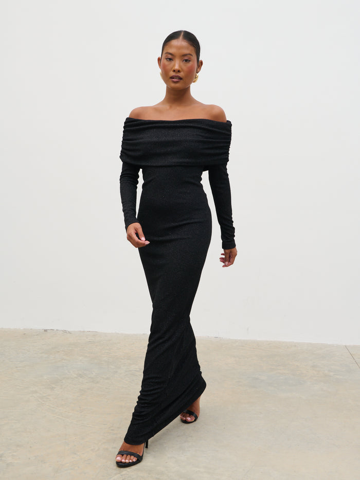 Elle Is 5'3" & Wears Size UK 6|Perrie Bardot Lurex Jersey Dress - Black
