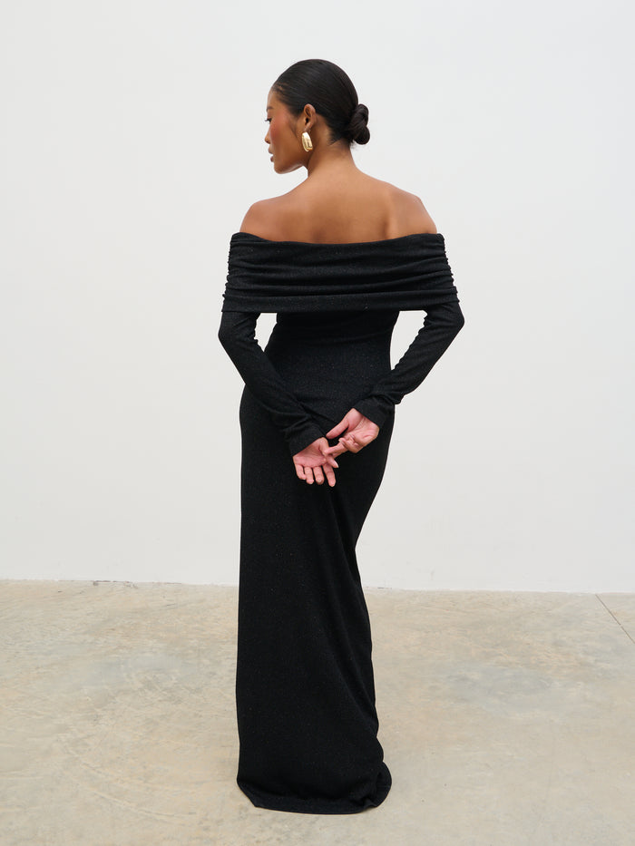 Elle Is 5'3" & Wears Size UK 6|Perrie Bardot Lurex Jersey Dress - Black