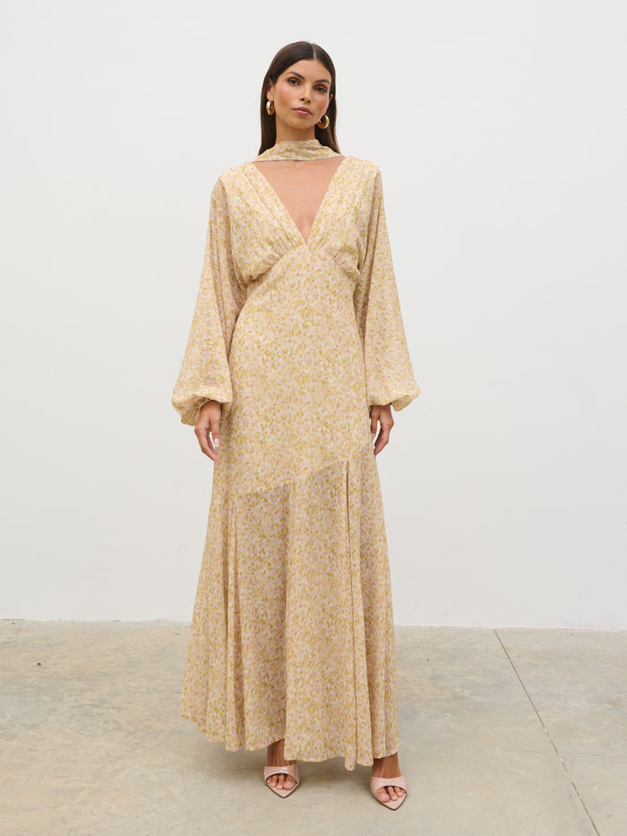 Taina Is 5'8.5" & Wears Size UK 8|Petula Batwing Scarf Maxi Dress - Chartreuse and Lilac Abstract