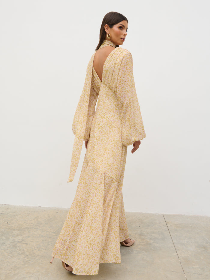 Taina Is 5'8.5" & Wears Size UK 8|Petula Batwing Scarf Maxi Dress - Chartreuse and Lilac Abstract