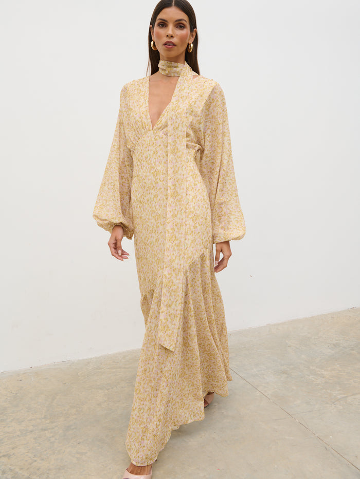 Taina Is 5'8.5" & Wears Size UK 8|Petula Batwing Scarf Maxi Dress - Chartreuse and Lilac Abstract