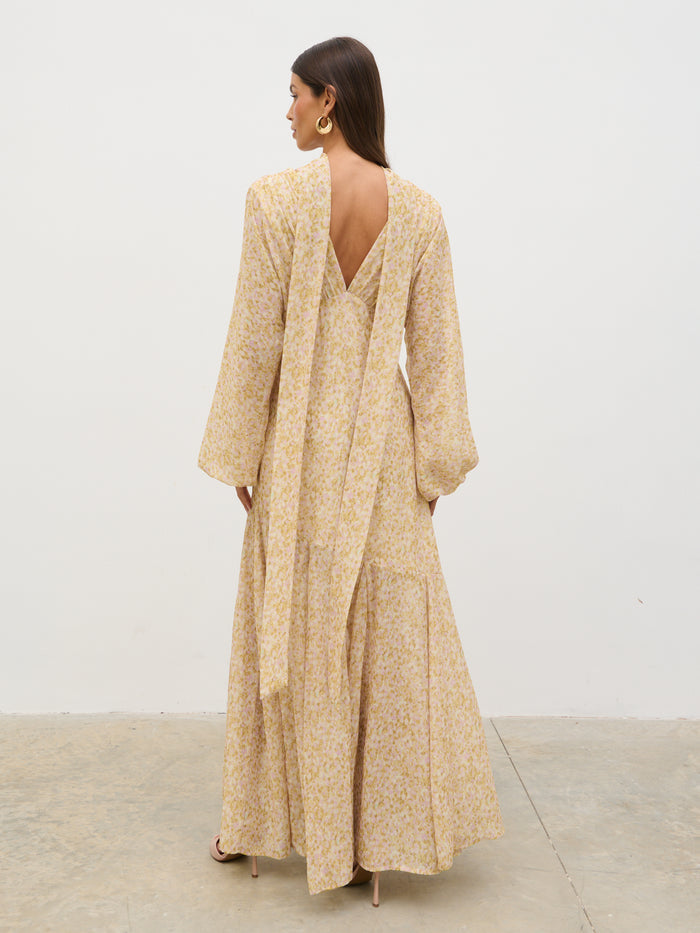 Taina Is 5'8.5" & Wears Size UK 8|Petula Batwing Scarf Maxi Dress - Chartreuse and Lilac Abstract