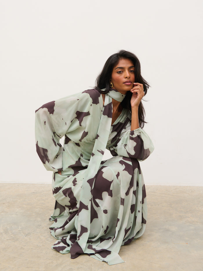 Kavita is 5'7" & Wears Size UK 6|Petula Batwing Scarf Maxi Dress - Mint Watercolour Floral