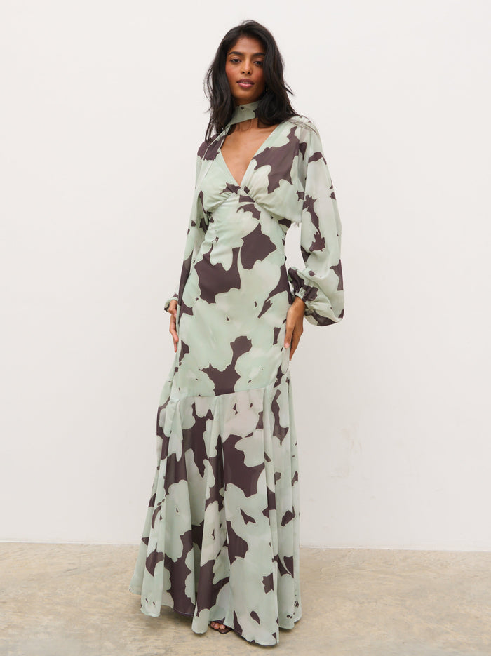 Kavita is 5'7" & Wears Size UK 6|Petula Batwing Scarf Maxi Dress - Mint Watercolour Floral