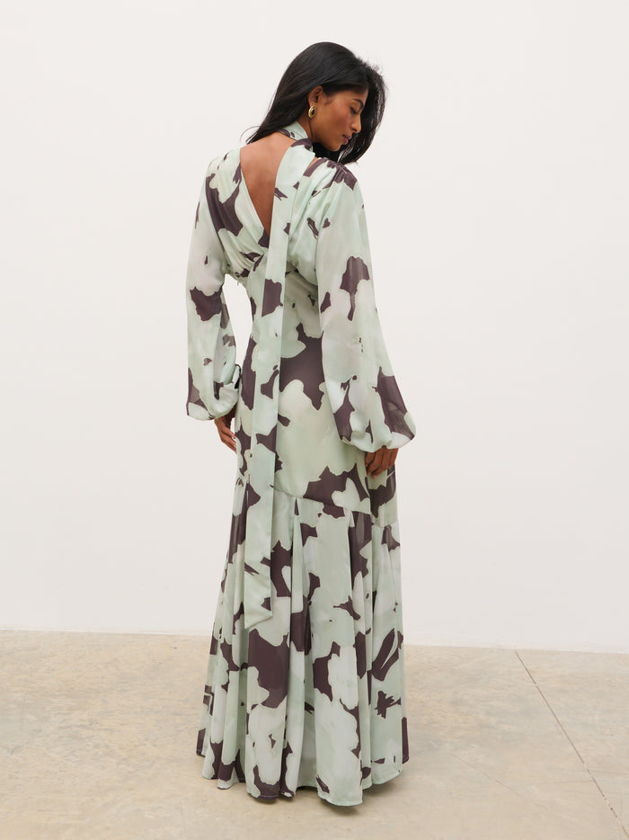 Kavita is 5'7" & Wears Size UK 6|Petula Batwing Scarf Maxi Dress - Mint Watercolour Floral
