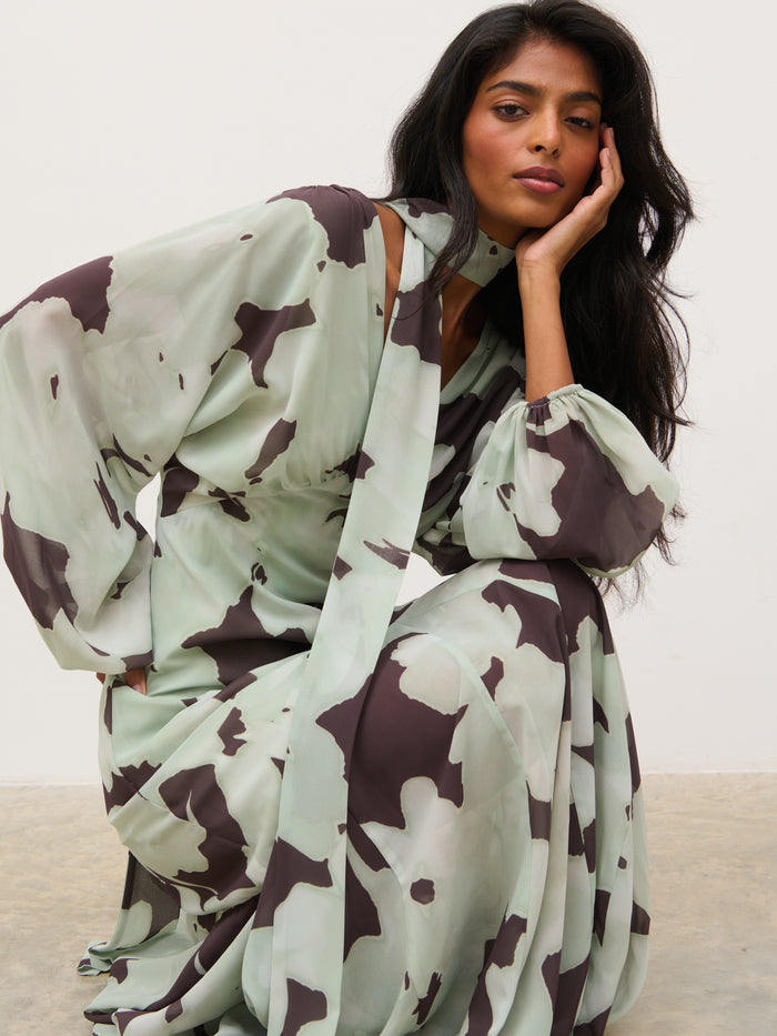 Kavita is 5'7" & Wears Size UK 6|Petula Batwing Scarf Maxi Dress - Mint Watercolour Floral