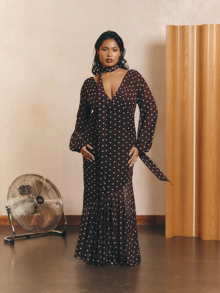 Candy Is 5'6" & Wears Size UK 8|Petula Scarf Mesh Maxi Dress - Brown and Cream Polkadot
