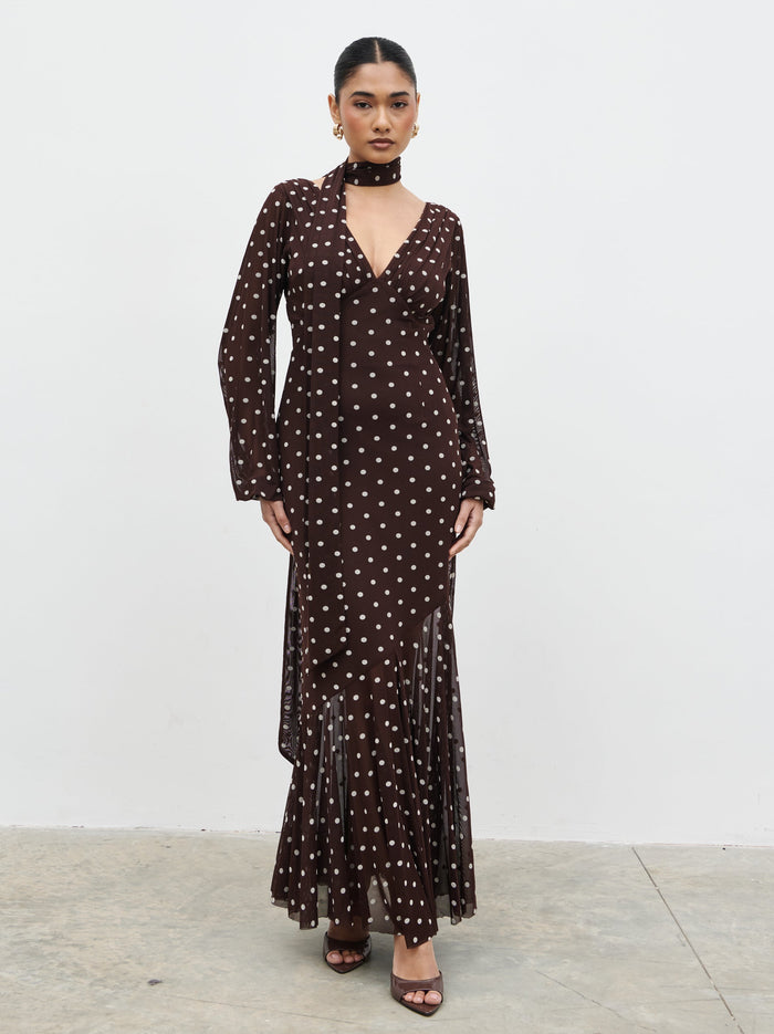 Candy Is 5'6" & Wears Size UK 8|Petula Scarf Mesh Maxi Dress - Brown and Cream Polkadot