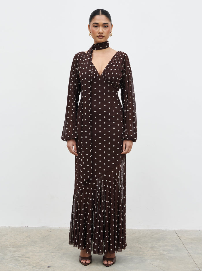 Candy Is 5'6" & Wears Size UK 8|Petula Scarf Mesh Maxi Dress - Brown and Cream Polkadot