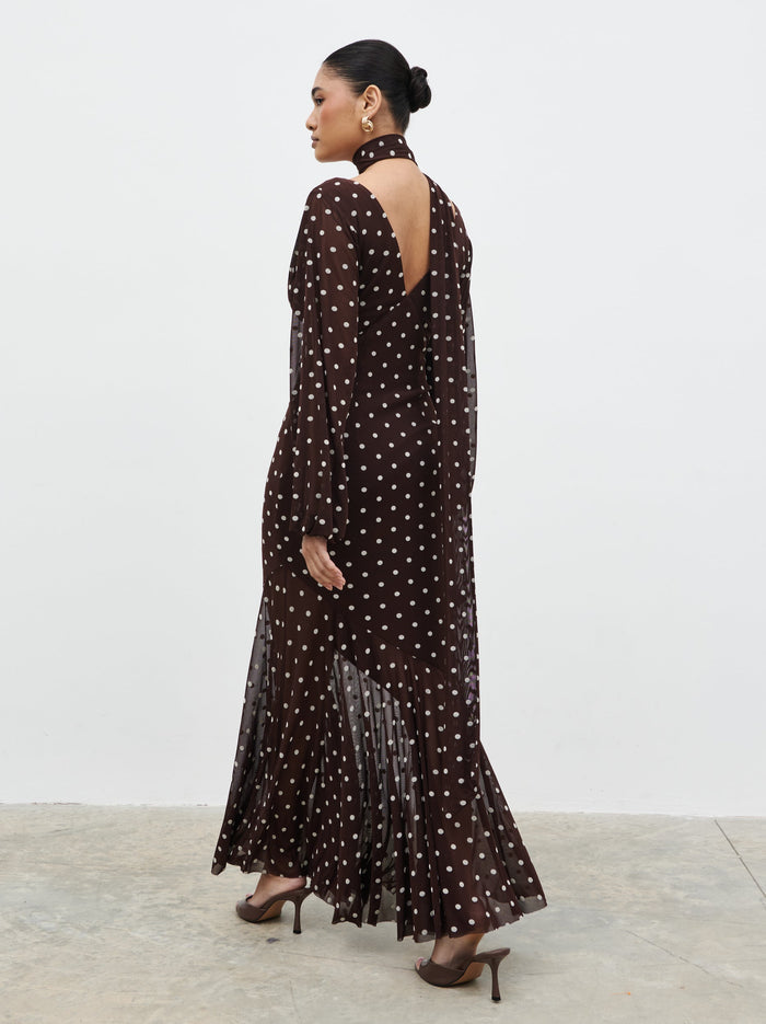 Candy Is 5'6" & Wears Size UK 8|Petula Scarf Mesh Maxi Dress - Brown and Cream Polkadot