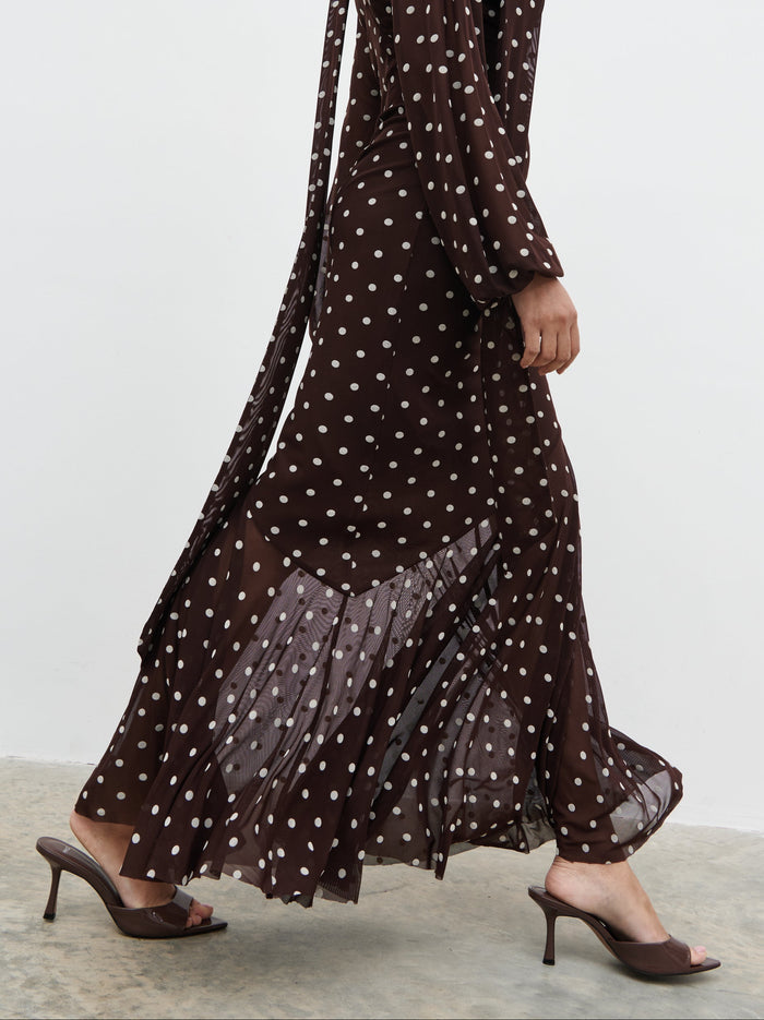 Candy Is 5'6" & Wears Size UK 8|Petula Scarf Mesh Maxi Dress - Brown and Cream Polkadot