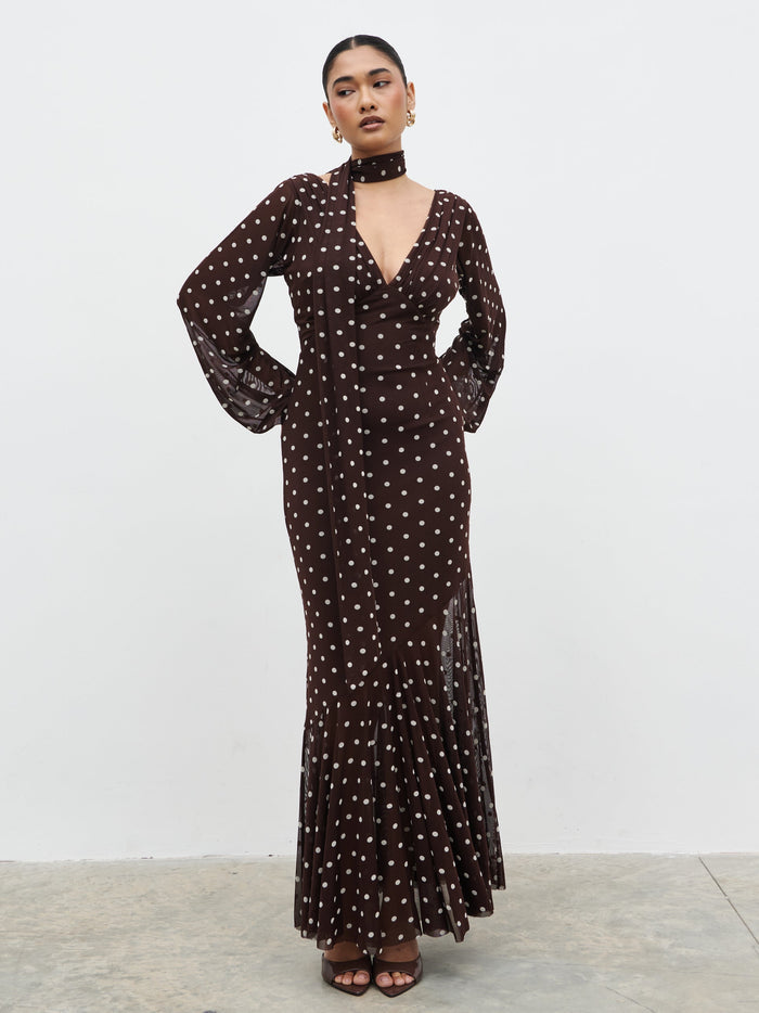 Candy Is 5'6" & Wears Size UK 8|Petula Scarf Mesh Maxi Dress - Brown and Cream Polkadot