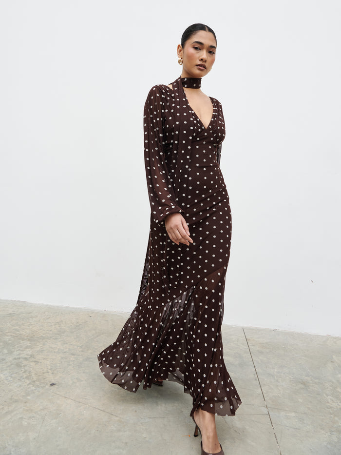 Candy Is 5'6" & Wears Size UK 8|Petula Scarf Mesh Maxi Dress - Brown and Cream Polkadot