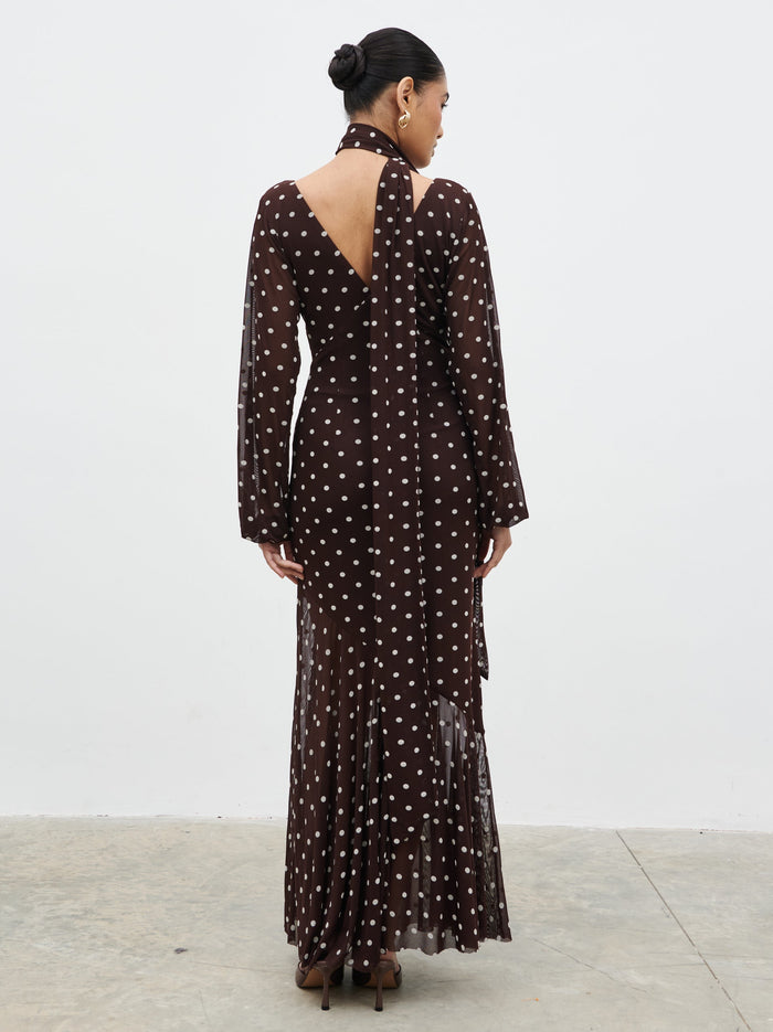 Candy Is 5'6" & Wears Size UK 8|Petula Scarf Mesh Maxi Dress - Brown and Cream Polkadot