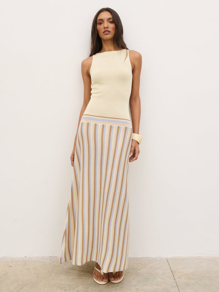 Lana is 5'9" & Wears Size UK S|Phoebe Slash Neck Stripe Knit Maxi Dress - Lemon