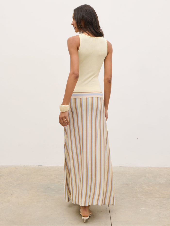 Lana is 5'9" & Wears Size UK S|Phoebe Slash Neck Stripe Knit Maxi Dress - Lemon