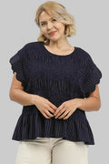 Umgee plus size smocked linen peplum top in navy with cream stitching pinstripes