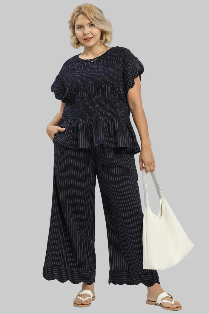 Umgee plus size smocked linen peplum top in navy and cream pinstripes with matching pants