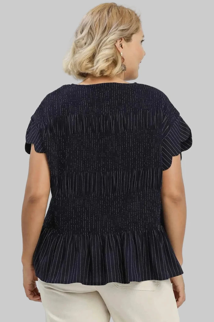 Umgee plus size smocked linen navy and cream pinstripe peplum top in a flattering fit