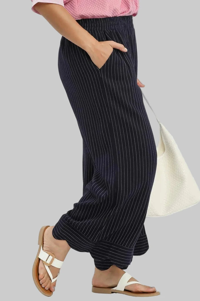 Umgee plus size navy and cream pinstripe linen pants with scalloped hem and wide legs