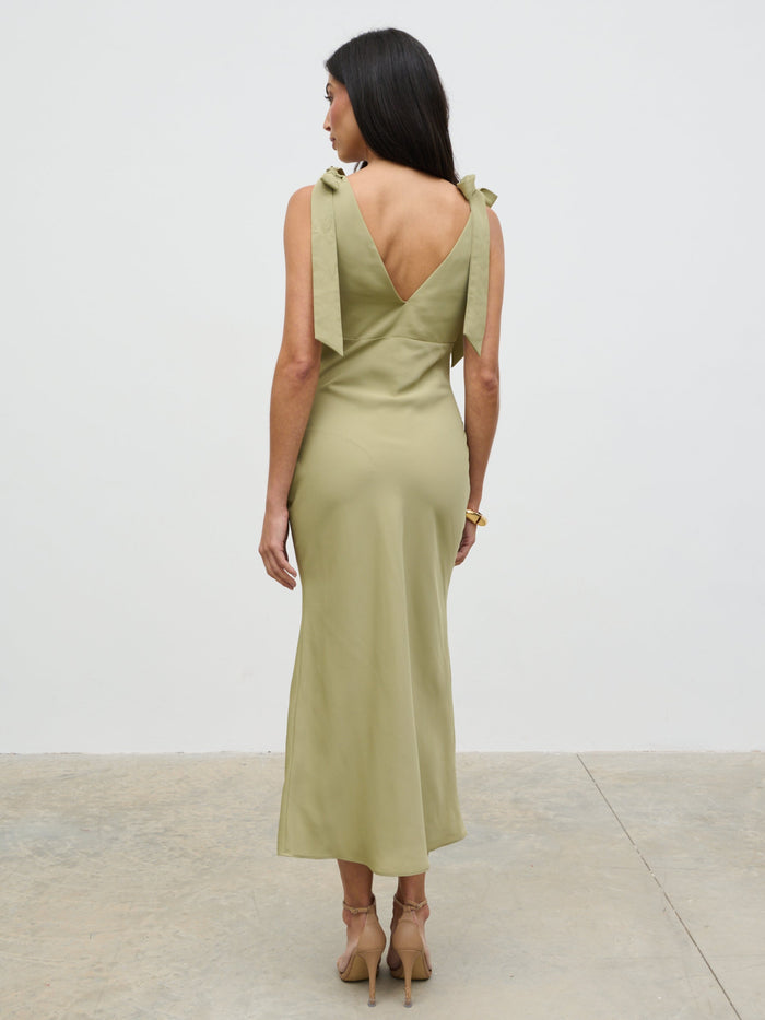 Lygia Is 5'9" & Wears Size UK 8|Piper Tie Midaxi Dress - Olive