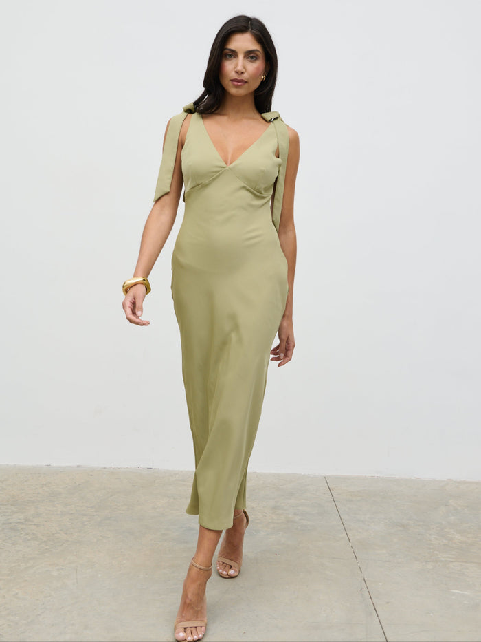Lygia Is 5'9" & Wears Size UK 8|Piper Tie Midaxi Dress - Olive