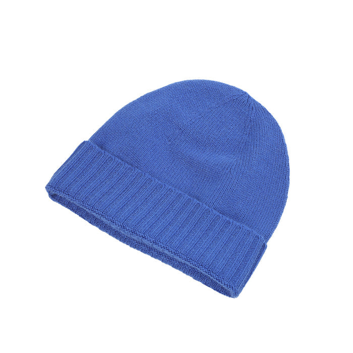 Plain Knit Ladies Beanie Rib Turn Up Cornflower - Heritage Of Scotland - CORNFLOWER